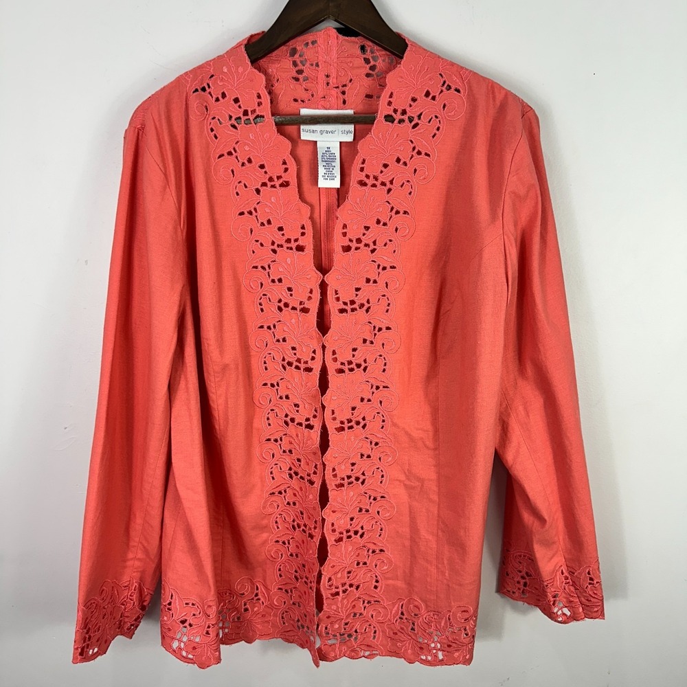 Susan Graver 1X Coral Linen Blend Eyelet Button Jacket Boho Cottagecore Romantic
